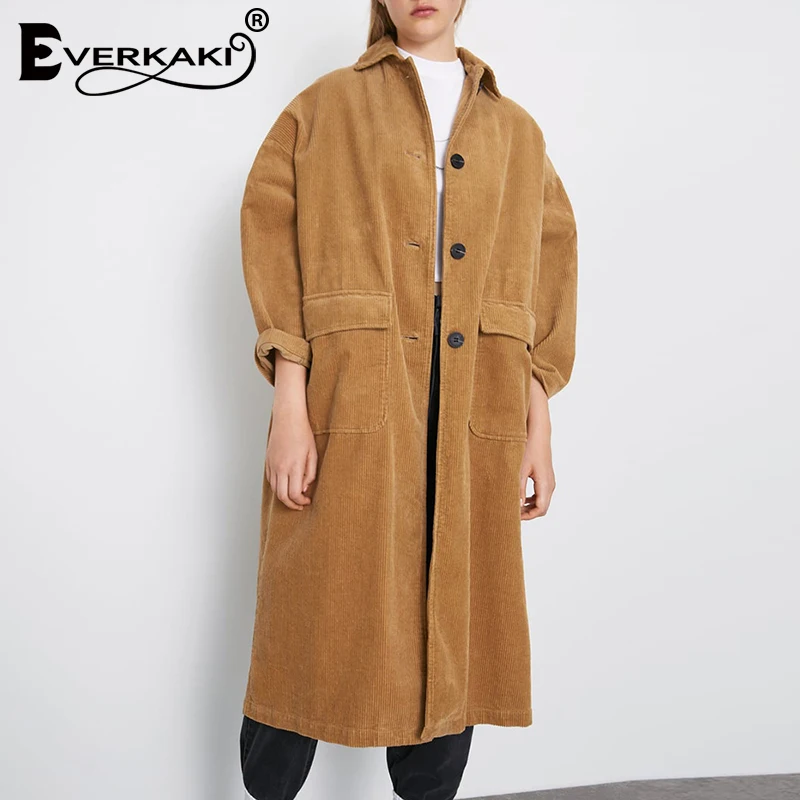 Женское вельветовое пальто Everkaki осенне-зимнее однотонное в стиле бохо с