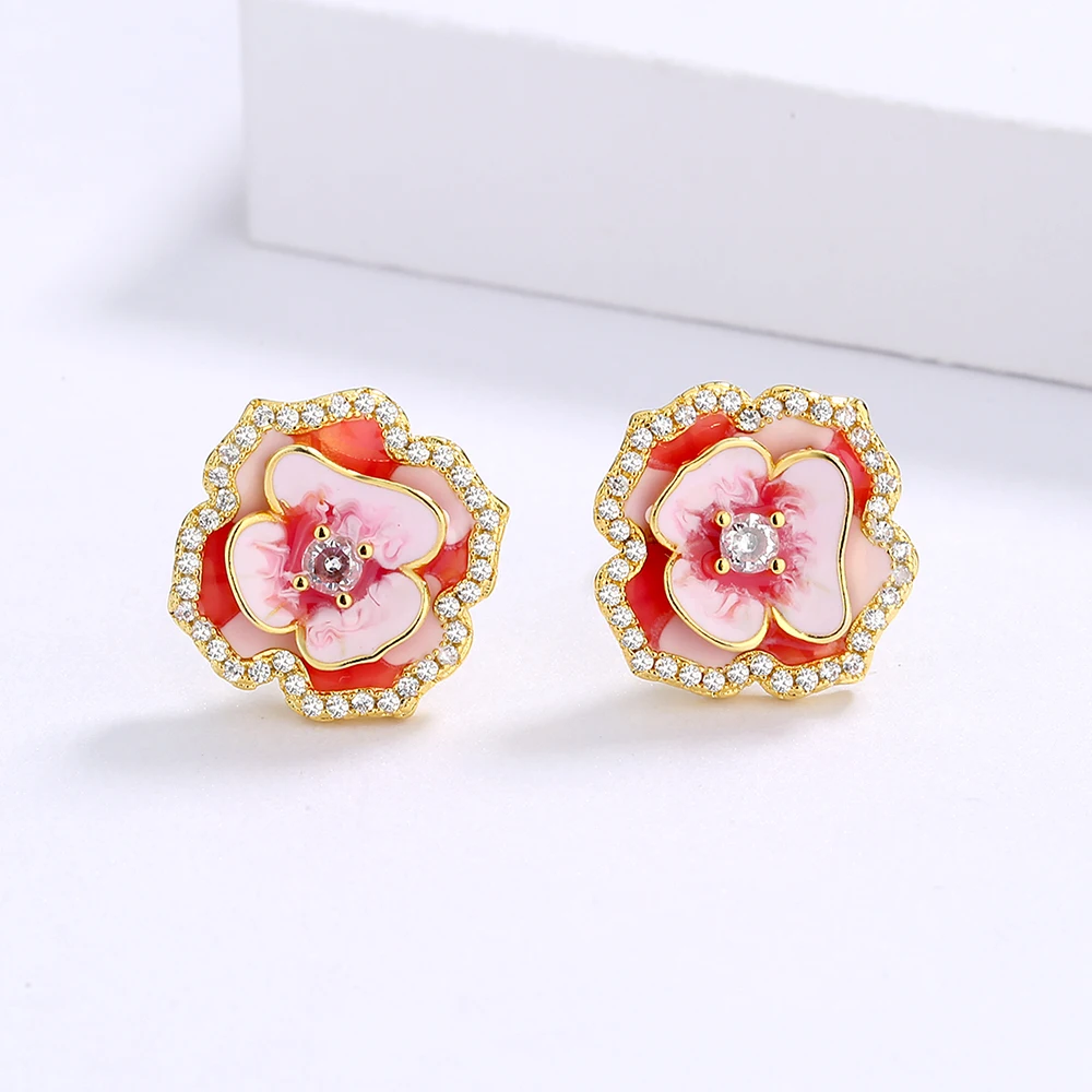 

CHARLINLIOL 2021 New Bohemia Earrings Ladies Gold Color 925 Silver Flower Stud Earring Luxury Enamel Epoxy Wedding Jewelry