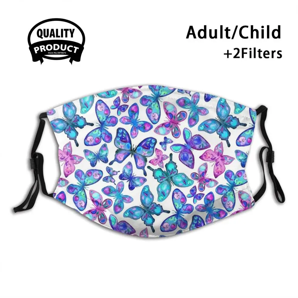 

Watercolor Fruit Patterned Butterflies - Aqua And Sapphire Reusable Mouth Mask Filter For Men Women Kids Turquoise Navy Blue
