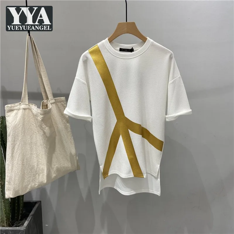 

Asymmetrical Printing T Shirt Men Short Sleeve O Neck Casual Pullovers Loose Fit White Black Tees Tops New Summer Mens T Shirts