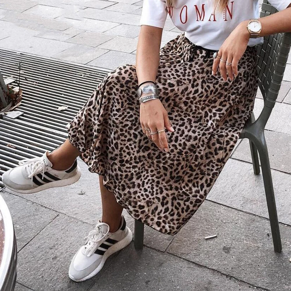 

Printing Vintage Women Midi Skirt Leopard Drawstring Elastic Waist Pleated Skirts Female Punk Rock Korean Streetwear Ladies