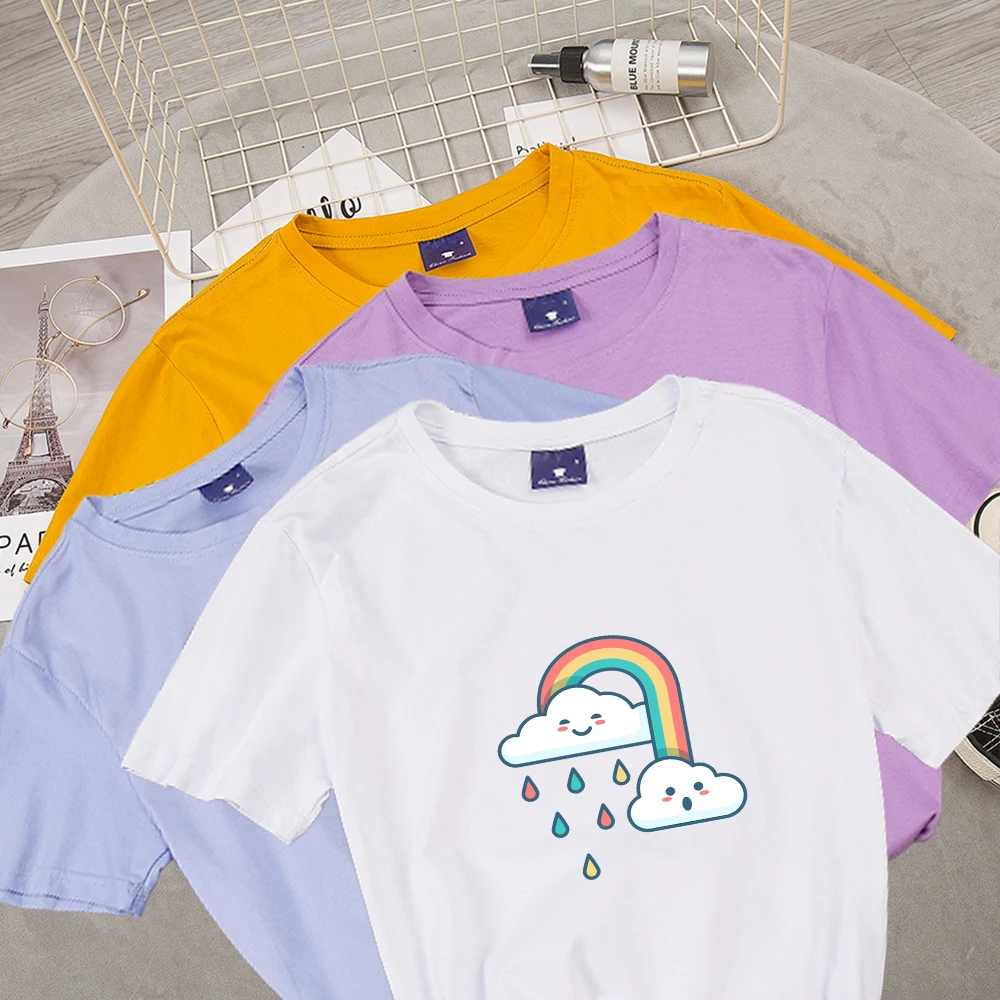 

Kawaii Rainbow T-shirt Women Funny Korean Style Print Casual 100% Cotton T-shirt Girl Top Tee Tumblr Hipster Cute Summer T-shirt