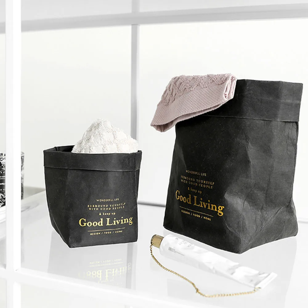 Черная моющаяся сумка для хранения из крафт бумаги серый складной цветочный