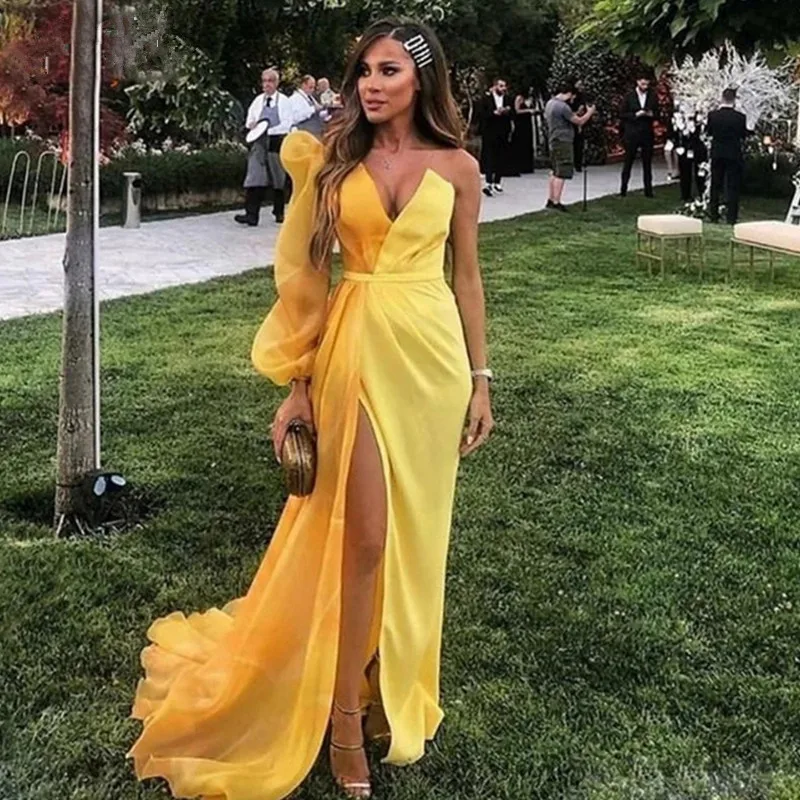 

Elegant Women Evening Dress Sexy Yellow V-Neck Side Split Prom Gown Long Organza Formal One Sleeve Night Party Robe De Soiree