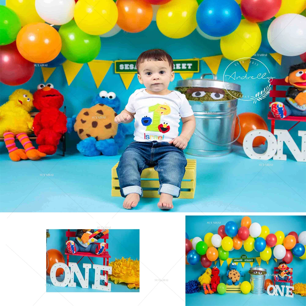 

1st Happy Birthday Photography Backdrops Sesame Street Elmo World Party Balloon Colourful Photo Background for Kids Baby Shower