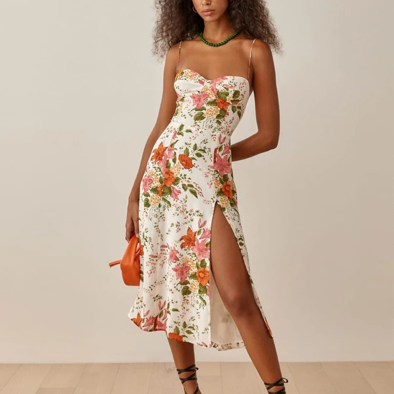 

Summer women's casual flower print slim-fit suspender dress
