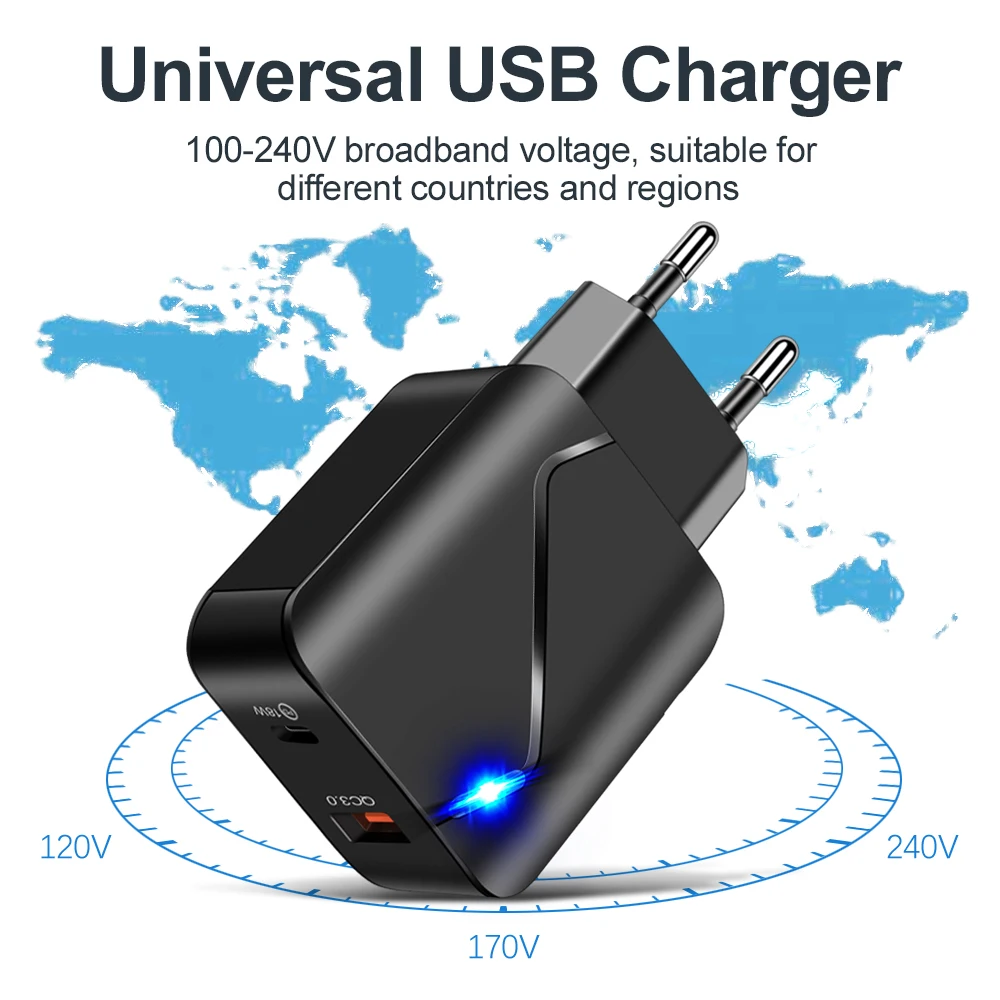 

PD 18W QC3.0 Quick Charger Adapter USB Type-C 5V 3A Illuminated Fast Charger Mobile Phone 5 Volt Power Adapter Travel EU US Plug