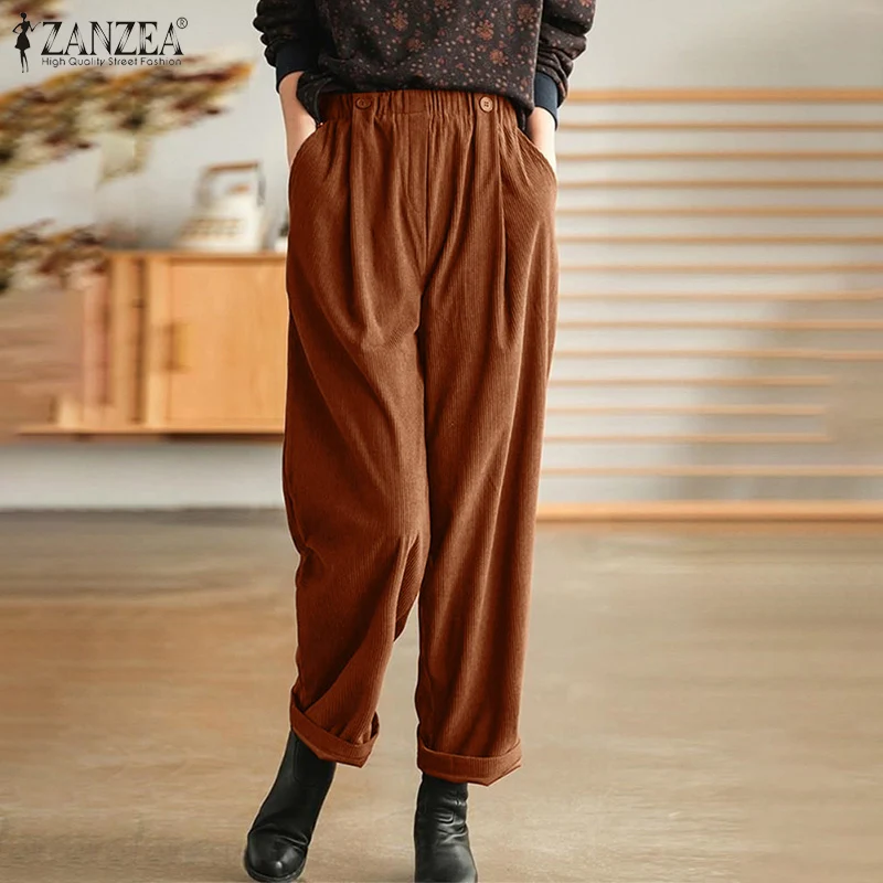 

ZANZEA Spring Women Corduroy Pants Pantalons Palazzo 2022 Wide Leg Pants Casual Solid Loose Oversized Elastic Waist Bottoms 7