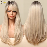 gemma ombre brown blonde long straight synthetic wigs with bangs cosplay wig for women high temperature natural fake hair