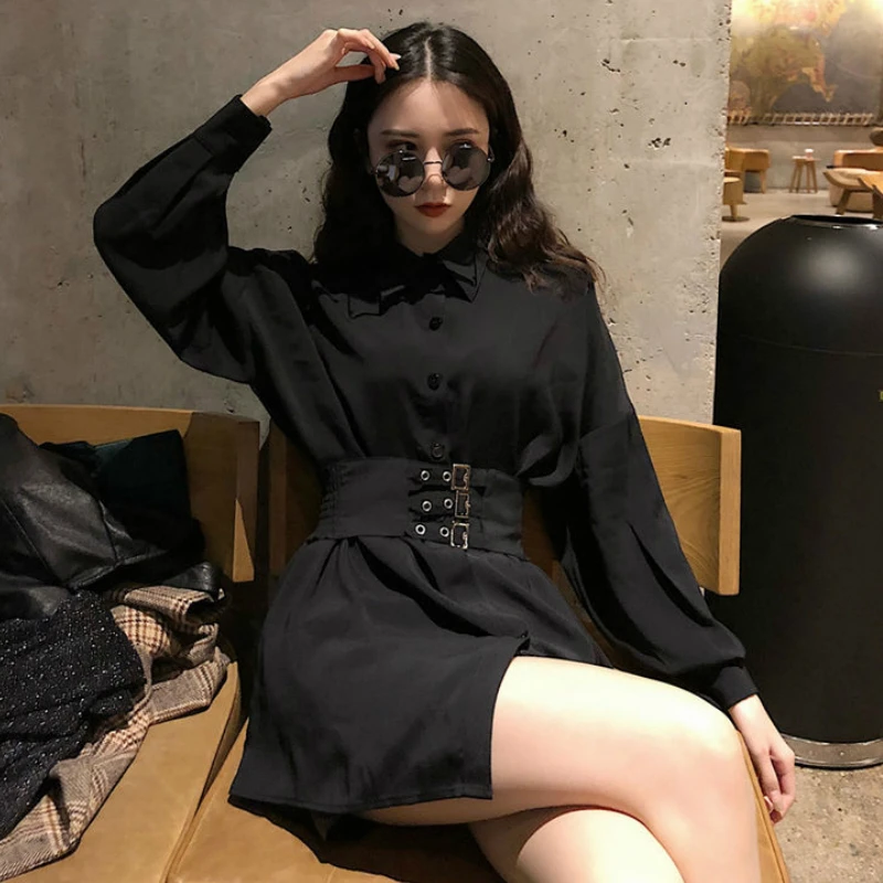 

Dress Women Black New Arrival Sashes Sexy Mini Dresses Tunic Loose Summer Fashion Club Wear Simple Lapel Womens Full Ulzzang Ins