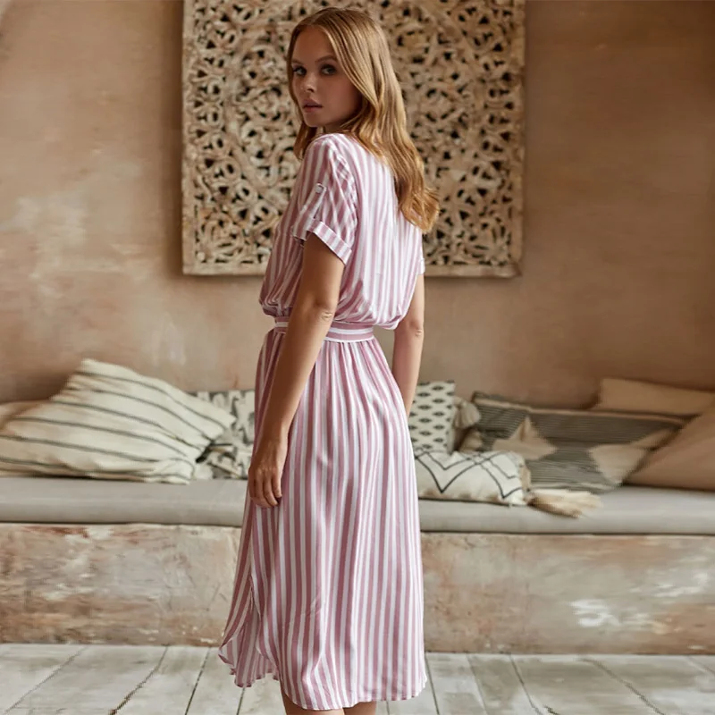 2019 Винтаж женские пояса платье в полоску короткий рукав с отложным воротником