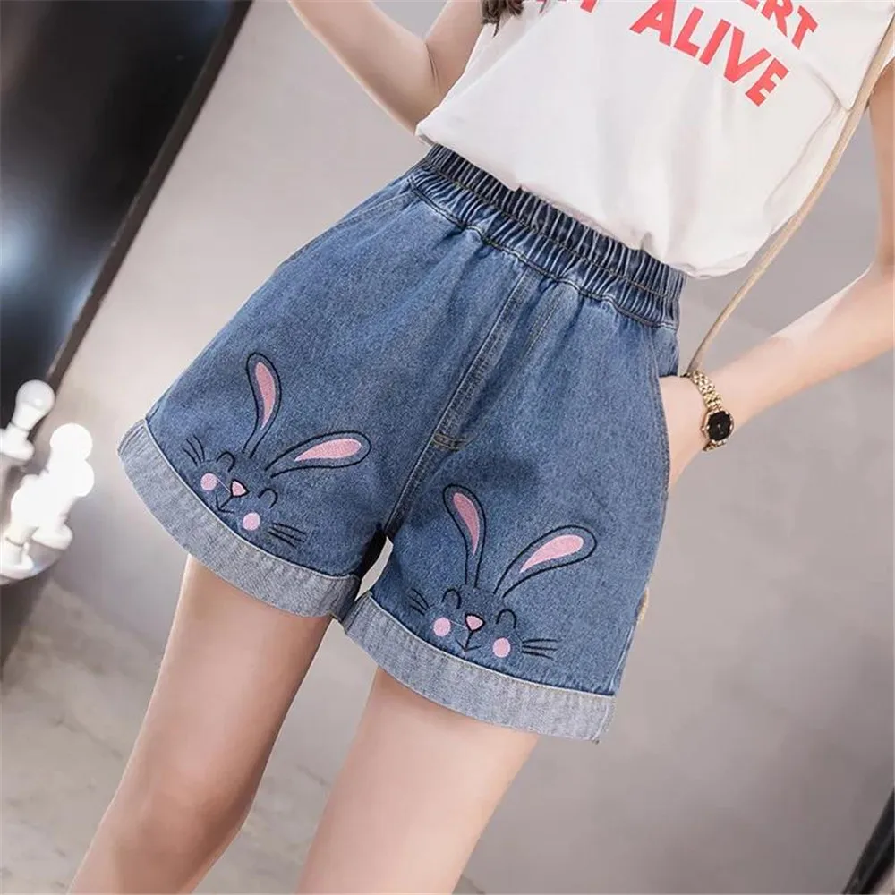 Летние джинсовые шорты с вышивкой кролика для девочек женские в стиле Харадзюку