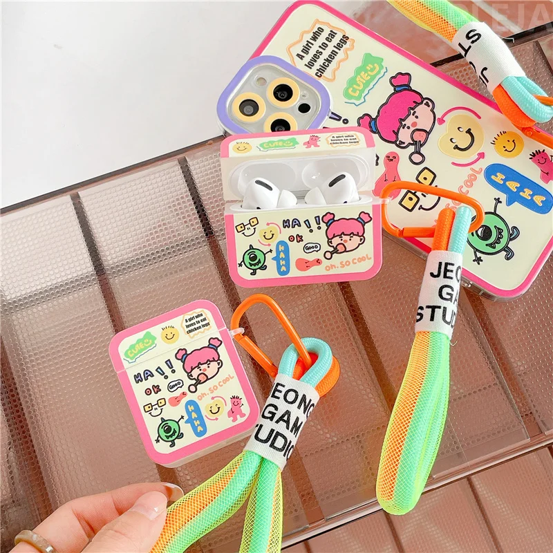 Модные Мультяшные милые чехлы для наушников девушек с неоновым ремешком Apple AirPods 1