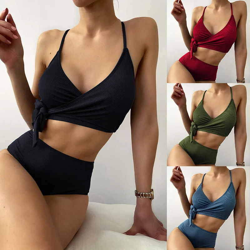 

Sepduvon Sexy High Waist Bikini Swimwear Women Swimsuit Bandage Split Bikini Set Solid Summer Bathing Suit Push Up Beachwear