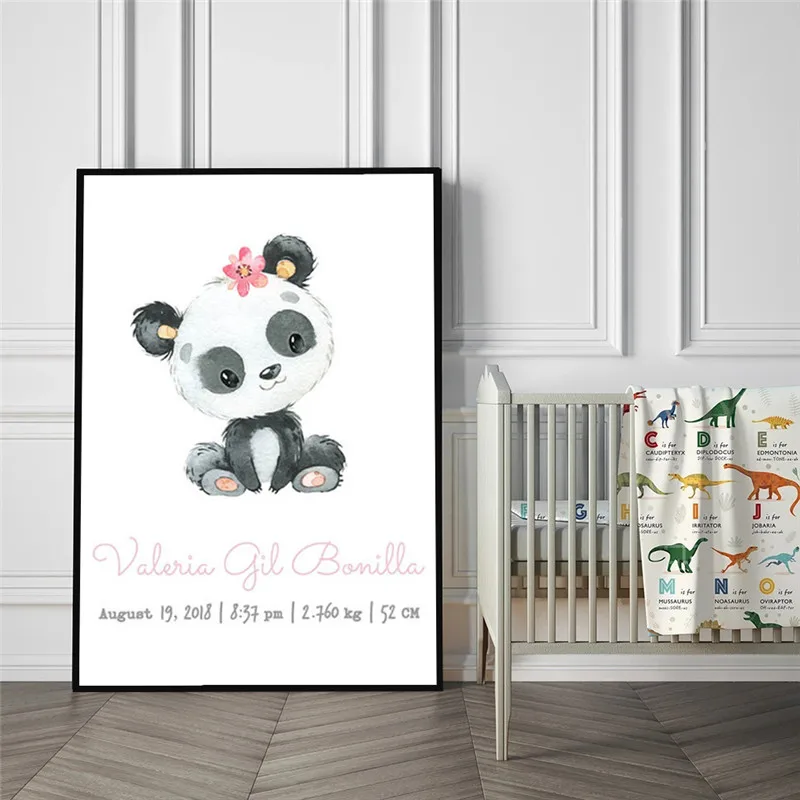 

Custom Baby Birth Info and Panda Poster print Nordic Simple Nursery Canvas Wall Art Animal Painting Picture Kid Bedroom Decor