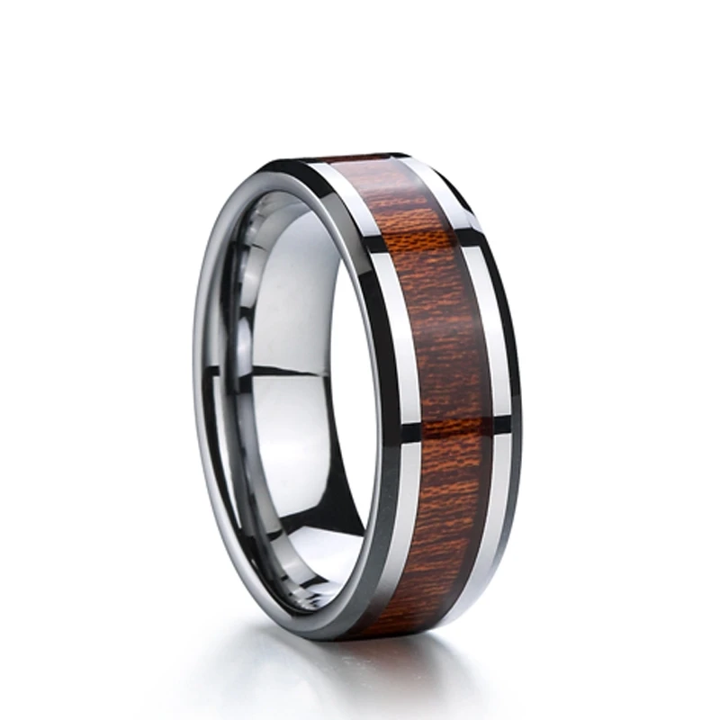 

Wholesale Custom 8mm Wedding Band Koa Wood Tungsten Men Ring Bulk Quantity