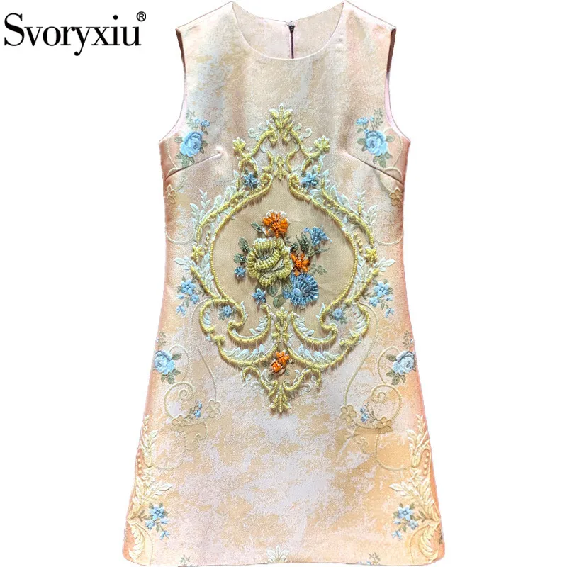

Svoryxiu 2020 Fashion Designer Summer Pink Jacquard Tank Dress Women's High Quality Beaded Flower Print A-Line Dresses Vestdios