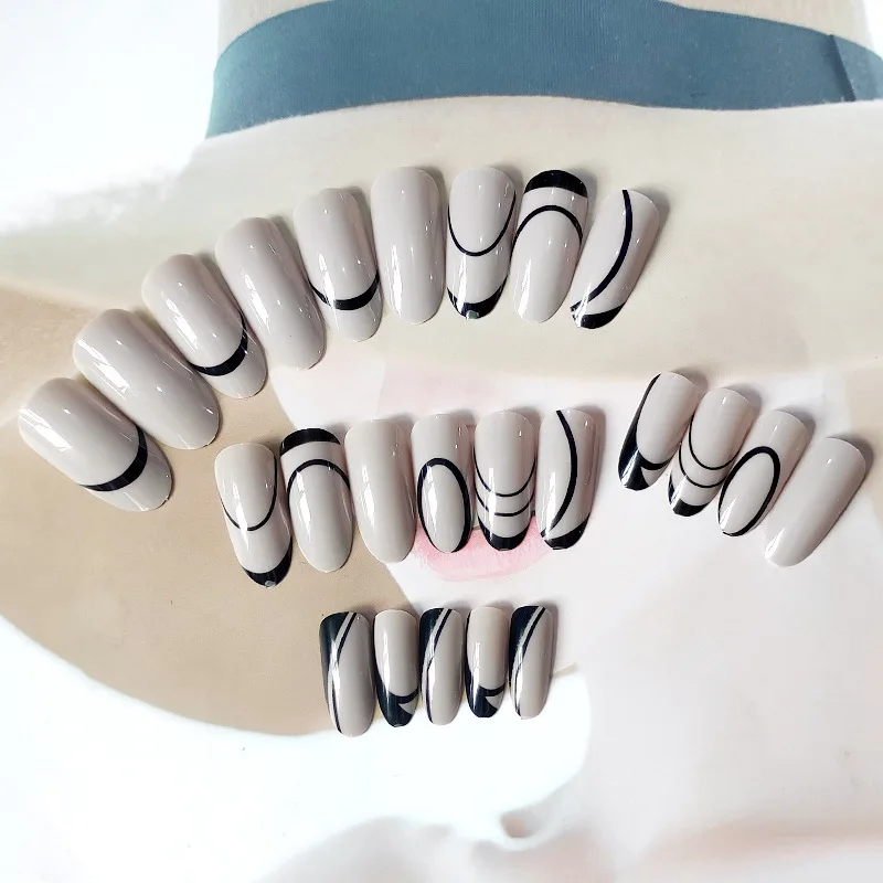 

24pcs Black Lines Nail Patch Glue Type Removable Long Paragraph Fashion Manicure Save Time False Nail Patch HJL2019