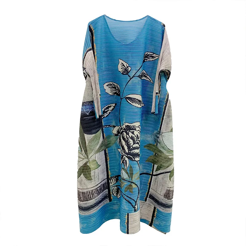 

LANMREM Round Neck Batwing Sleeves Dress Printed A-line Loose Big Size Summer And Spring Pleated Maxi Dresses WN15705