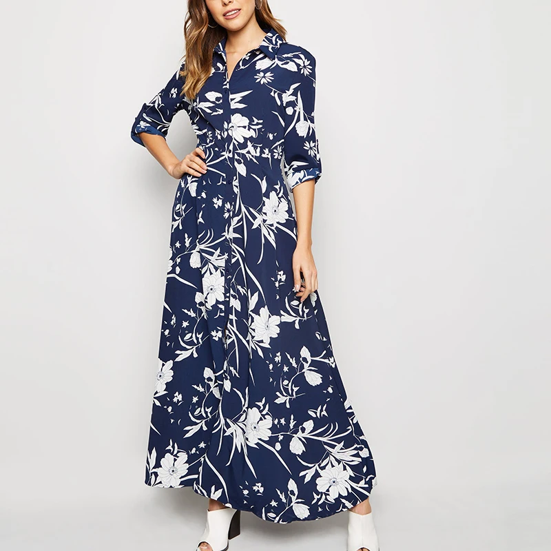 2020 Floral Print Long Women Dress Vintage Loose Female Buttons Shirt Elegant Turn Down Collar Ladies Office Split Dresses | Женская