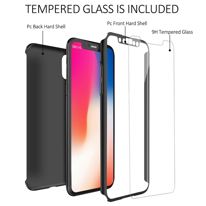 Защитный чехол с полным корпусом 360 + закаленное стекло для Iphone 5 5S SE 6 S 7 8 Plus X XR XS Max