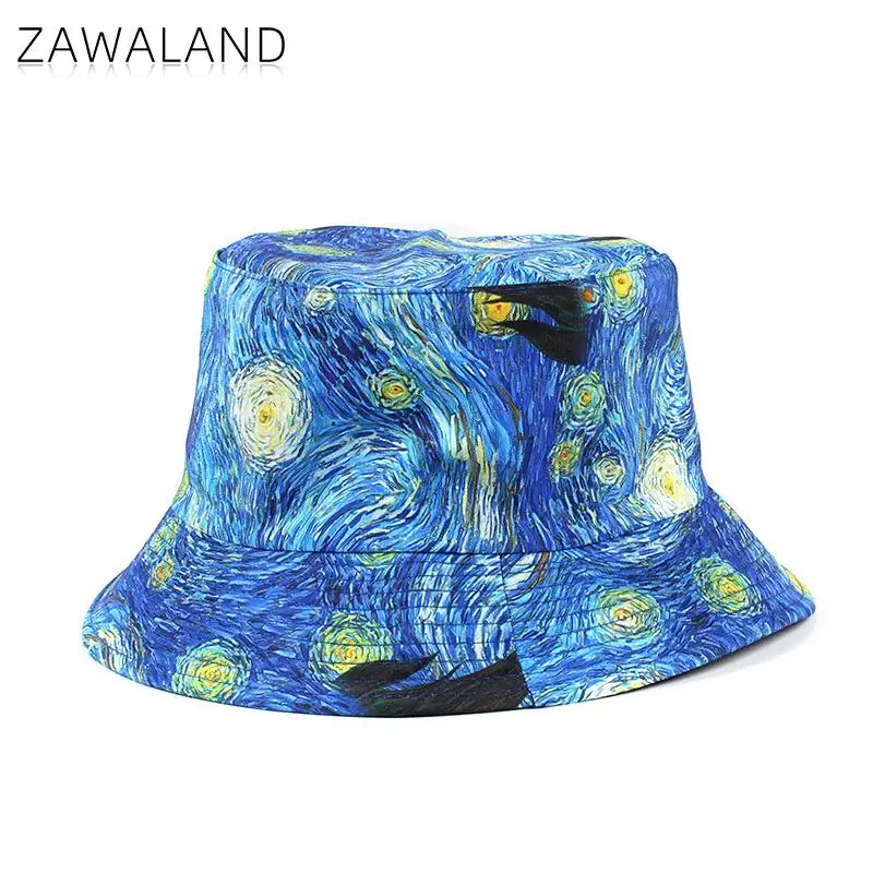 

Zawaland Couple Starry Sky Oil Painting Graffiti Fisherman Hat Double-Sided Summer Sunscreen Casual Caps Printing Bucket Hats
