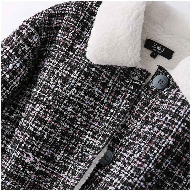 

Elegant Little Fragrant Tweed Windbreaker Jacket Plaid Stitching Lamb Wool Coat Mid-length Woolen Coat Women's New Arrival B069