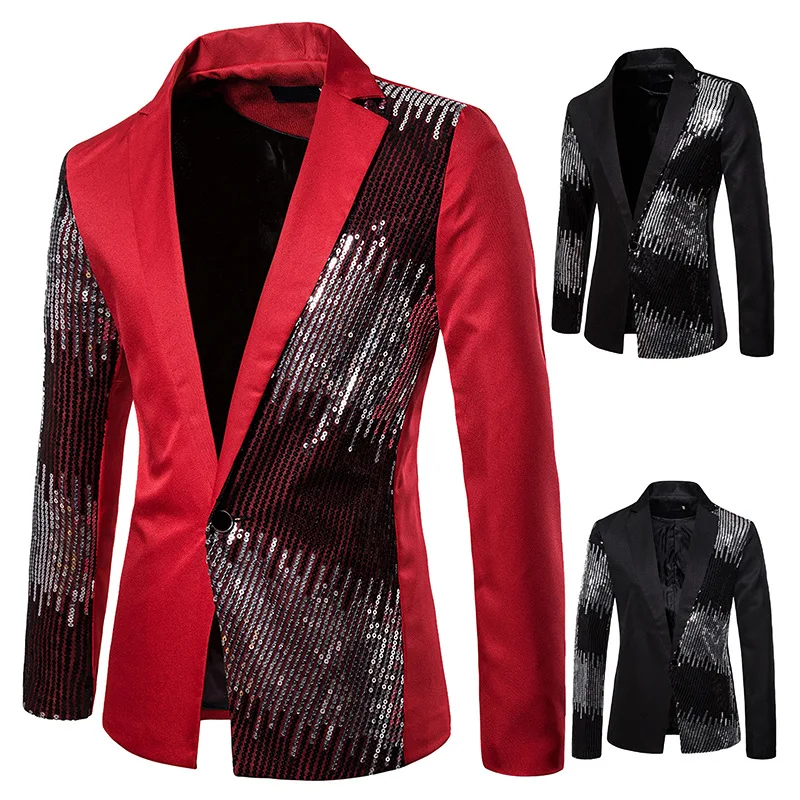 

Brand Sequin Blazer Men Black Red Blazers For Men Singer Costume Prom Stage Shinny Jacket Nightclub Casual Coat Q229