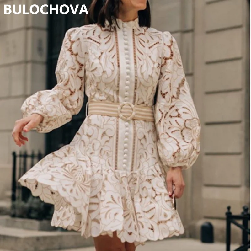 

2021 New Autumn Designer Fashion Women Party Knee Length Dress Stand Collar Lantern Long Sleeve Lace Hollow Out Sashes Vestidos