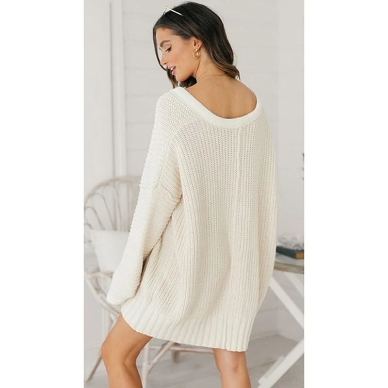 

2021 Knit Women's Sweater Sexy Loose V-Neck Sweater Woman Solid Color Long Dress Knit Sweater New Knit Women's Clothing