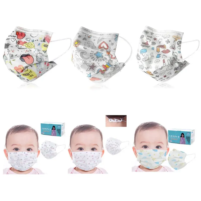 

50Pcs Baby Kids Disposable 3-Ply Mouth Mask Melt-Blown Dustproof Cartoon Animal Graffiti Face Cover 2 Sizes