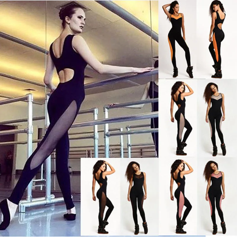 Women's One Piece Yoga Set Sports Suit Mesh Jumpsuits Fitness Gym Suits Elastic Tracksuit Pants Sportswear Leggings | Спорт и