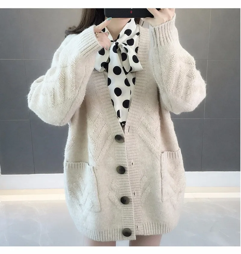 

2020 Knitted Cardigan Sweater Pocket Women Loose Lazy Single-breasted Long-sleeved V-Neck Sweater Female Spring Autumn