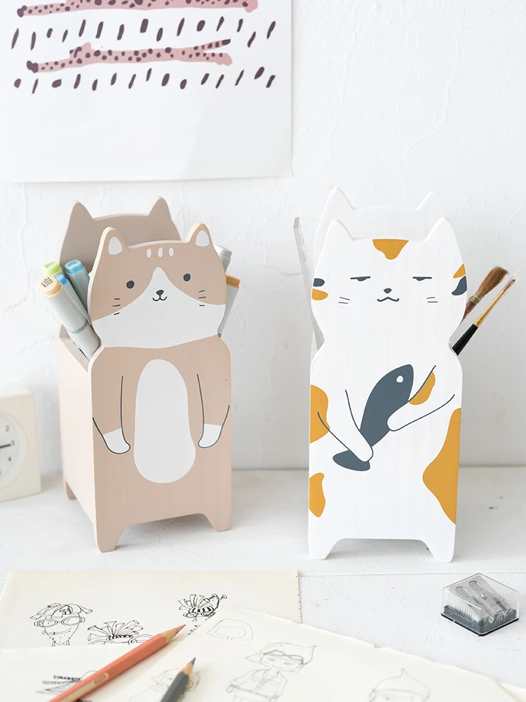 

Милый держатель для ручек в виде кошки, милая детская комната, мультяшный пульт дистанционного управления, Женский ins деревянный Рабочий ма...