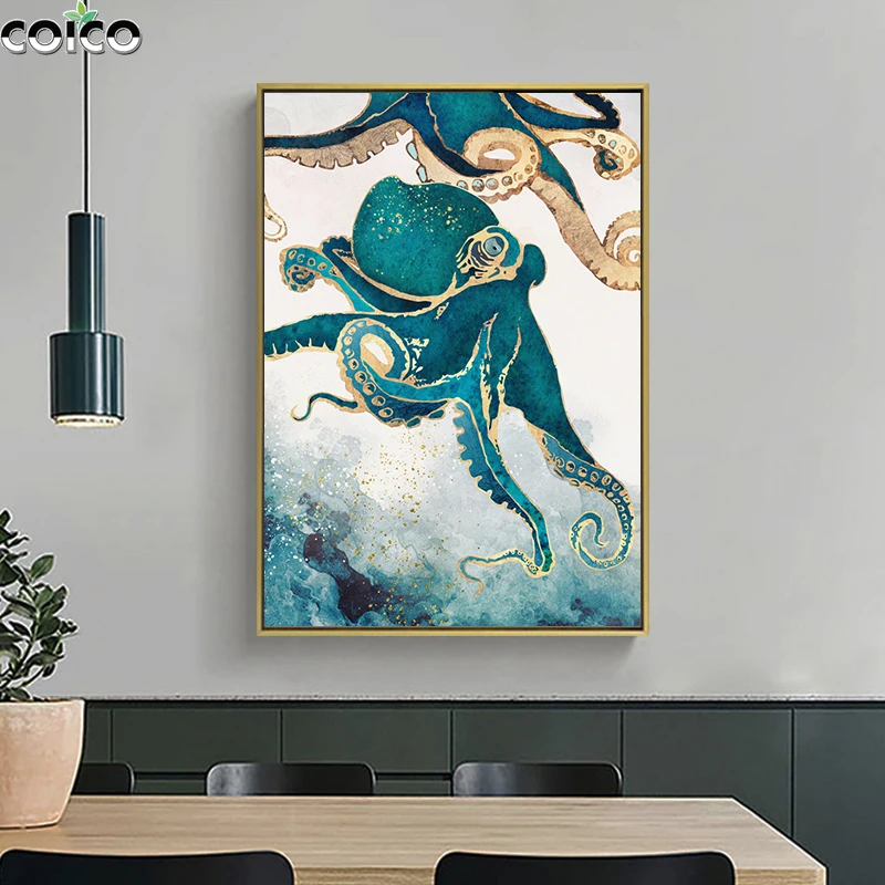 

Abstract Octopus Wall Art Canvas Painting with Frame Nordic Modern Gold Poster Seabed Animals Living Room Home Decor Picture