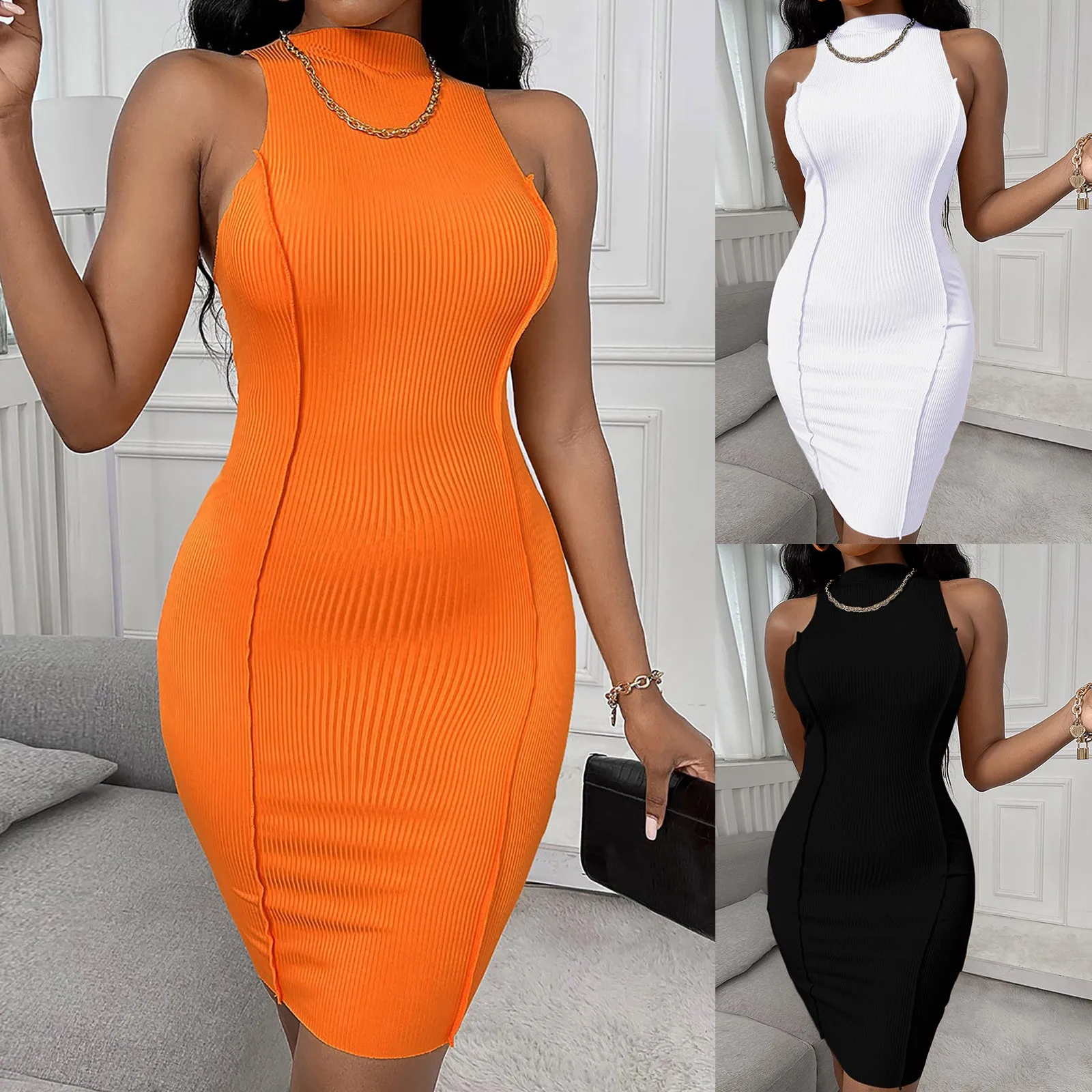 

Summer Women's Dress 2021 Solid Color O-Neck Sleeveless Dress Back To Hip Slim Short Tank Mini Skirt платье летнее женское #40