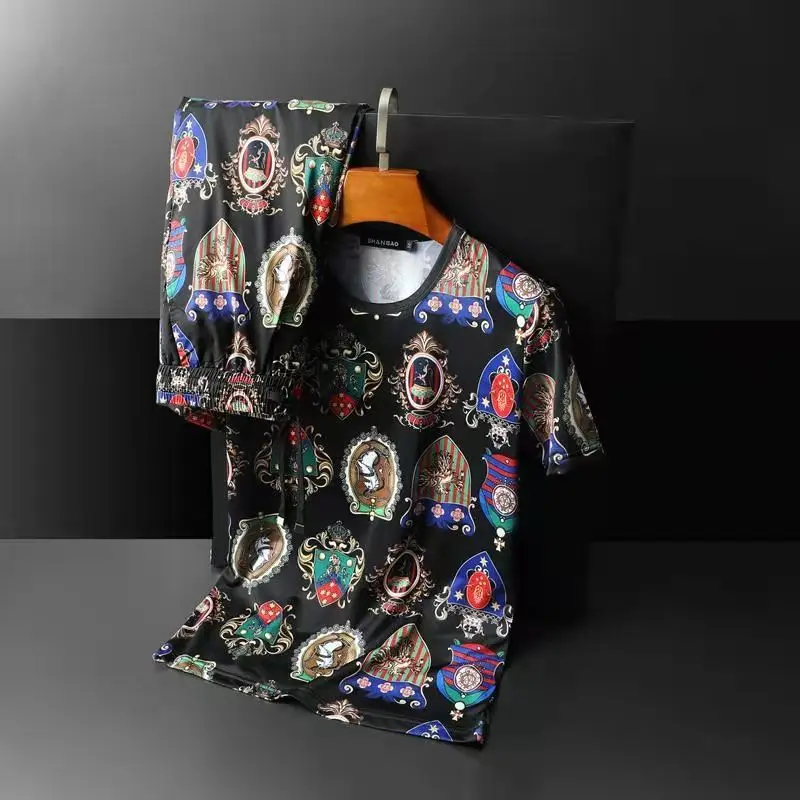 

Summer Men Soil leisure Short Sleeve Shorts Sport Fashion Suit European And American Trend letter Print Round Collar Suit