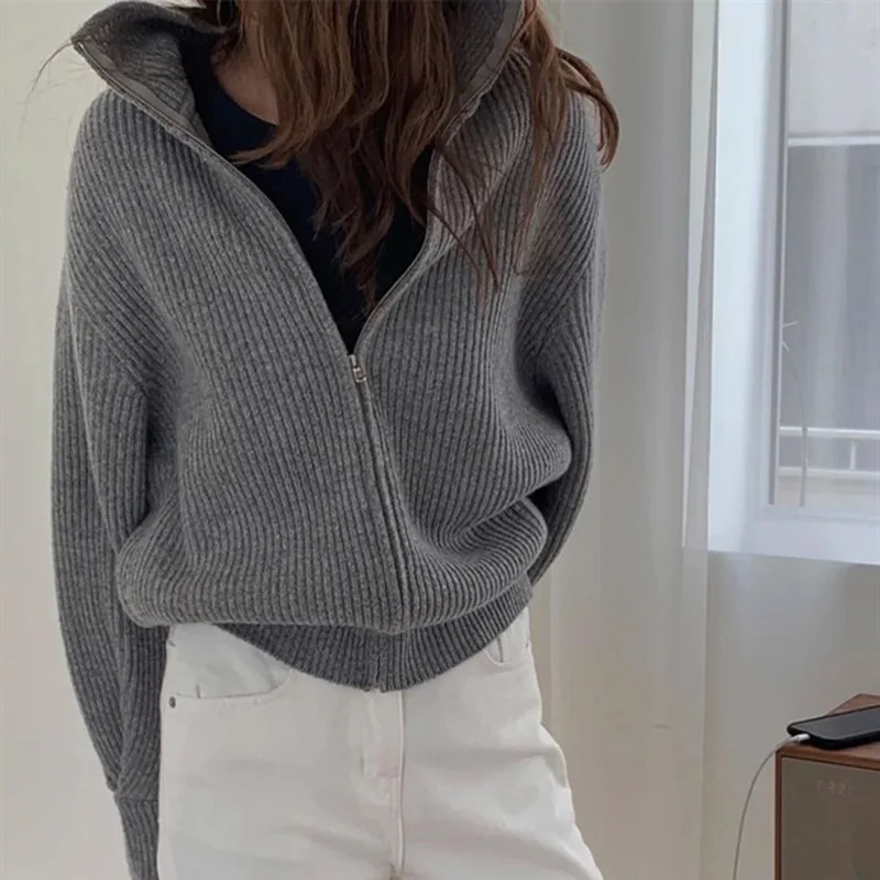 Женский трикотажный свитер на молнии Серый Свободный Повседневный с