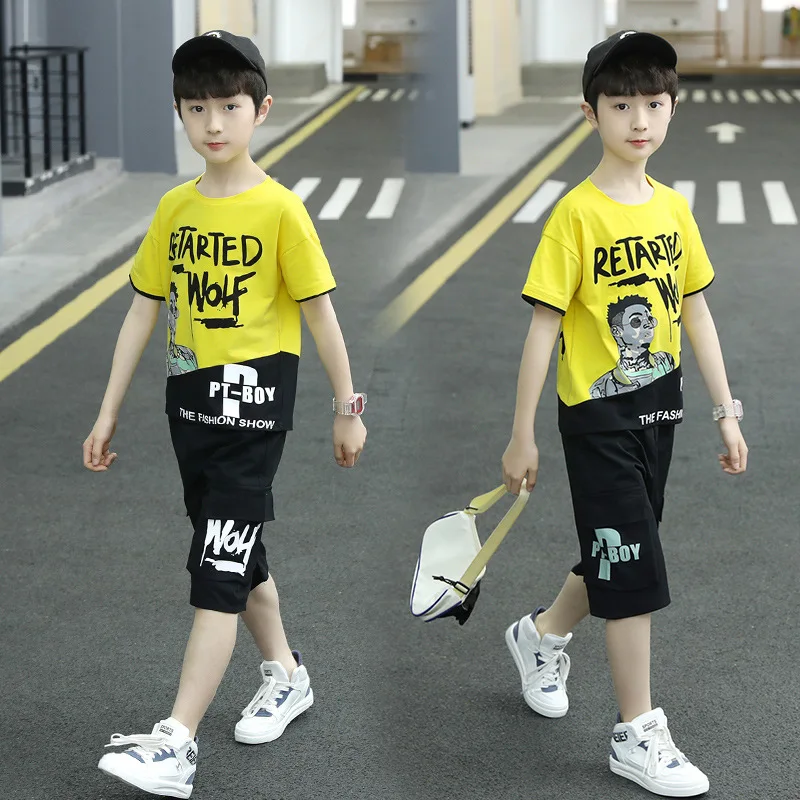 

Kids boys sports suit 2pcs short sleeve Cartoon letters printed T-shirt + Shorts suit new summer big virgin suit
