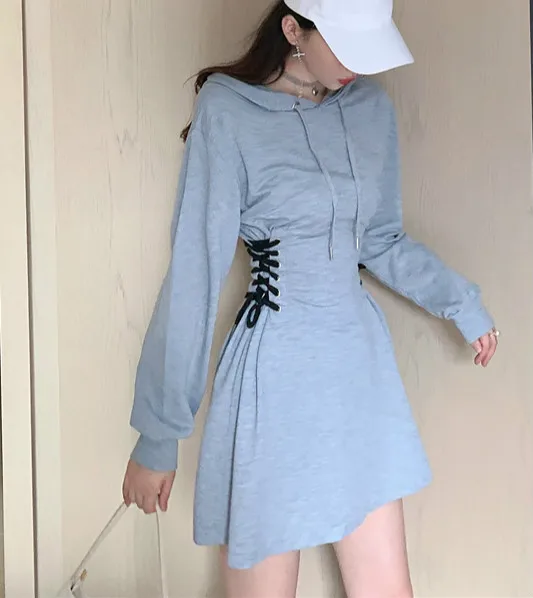 Осенние платья с капюшоном для девочек и студентов платья-свитшоты со шнуровкой