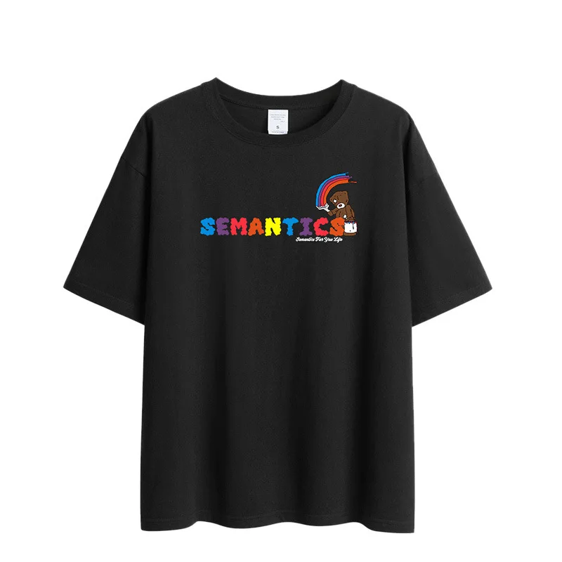 

2021 New Short-Sleeved Rainbow Bear Large Version T-Shirt Women Loose Cotton Korean Style Drop Shoulder Half Sleeve A021