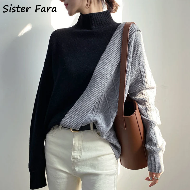 

Sister Fara Autumn Winter Stitching Half Turtleneck Sweater Women Loose Knitted Casual Sweater Fashion Pullover Streetwear Coat