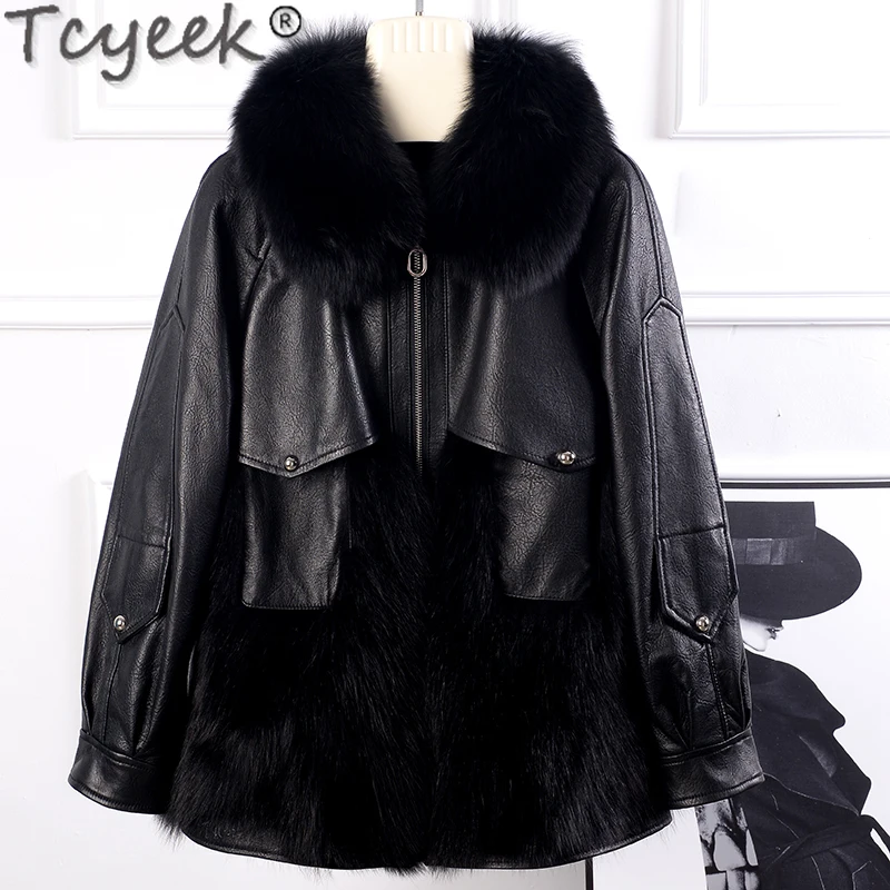 

Tcyeek Real Fox Fur Collar Coat Female Winter 2021 Genuine Sheepskin Leather Jackets Women's Clothing Jaqueta Feminina Gxy1067