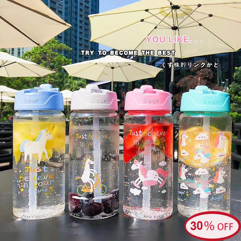 Милый Единорог стеклянная бутылка для воды спортивная силиконовая всасывающая