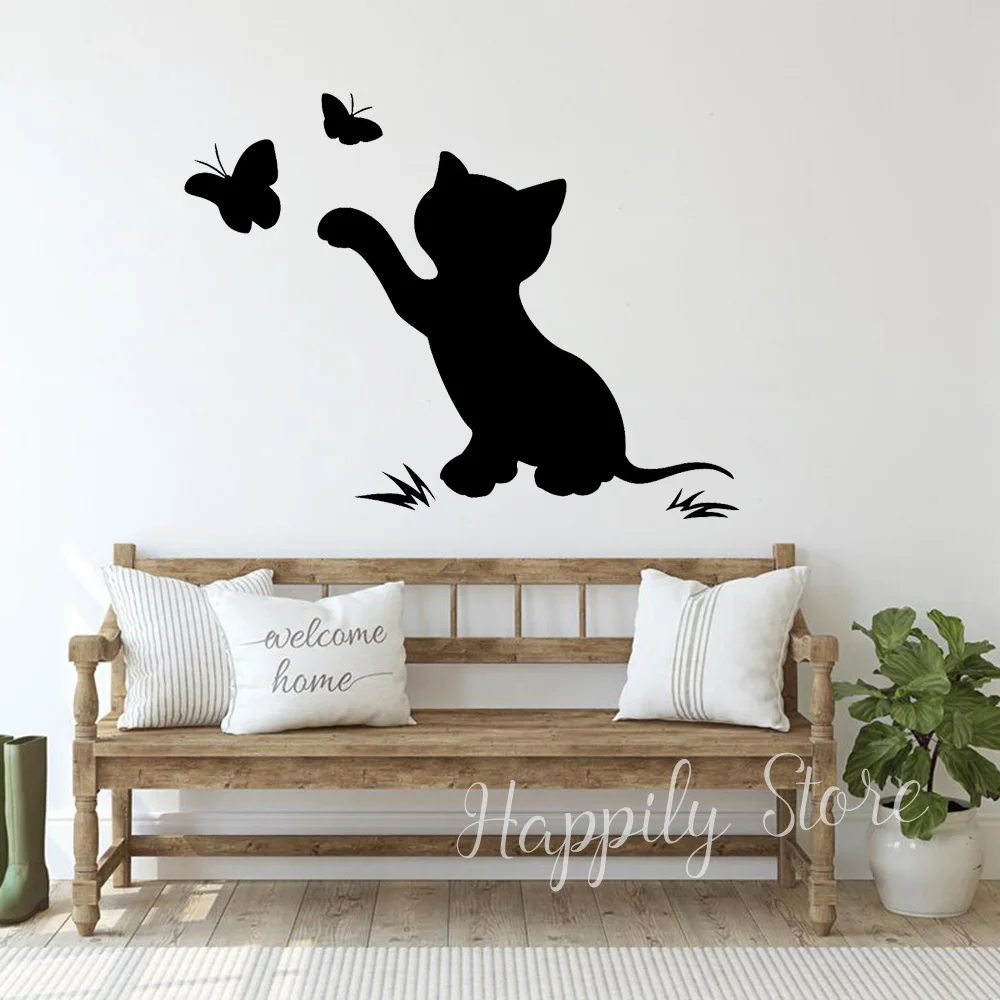 

Lovely Cat Kitten Butterfly Wall Vinyl Decal Nursery Child Room Wall Stickers Bedroom Home Decorate Removable Murals P574