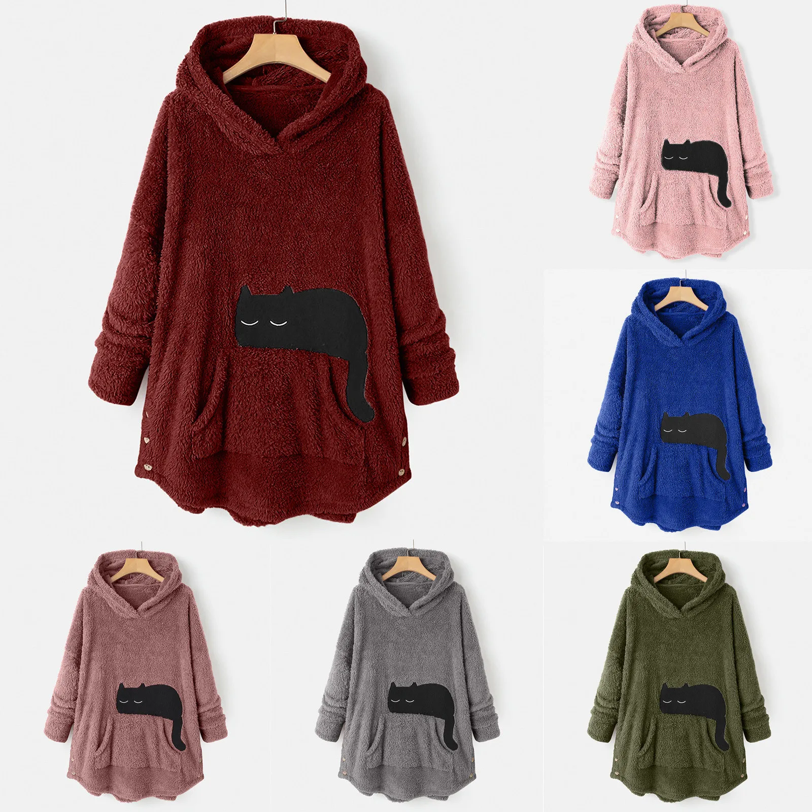 

Thicken Plush Hooded Sweatshirt For Women Plus Size Black Cat Print Loose Long Sleeve Warm Fall Winter Pullover Hoodies A20