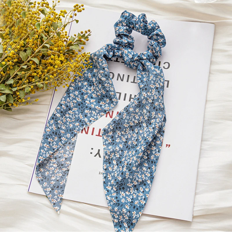 

DIY Floral Print Long Hair Scarf Ribbon Scrunchies Women Elegant Elastic Hair Bands Rubber Band Hair Accessories Ponytail Holder