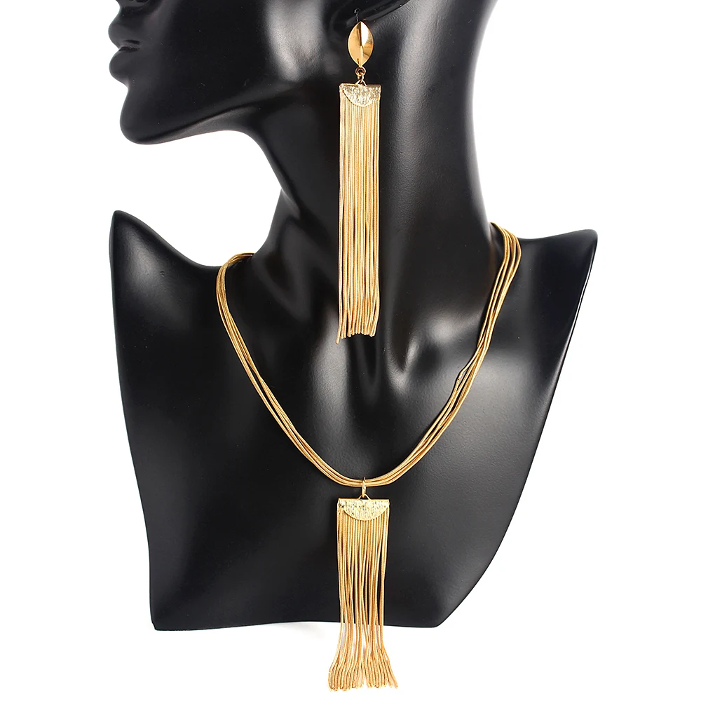 

Oversize Gold Plated Jewelry Set for Women Long Tassel Stud Earrings Charm Necklace New Fashion Engagement Jewelry Accessories