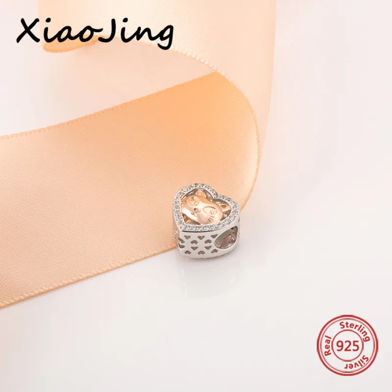 XiaoJing, 925, Серебряное сердце, розовое золото, бусина "Кошка", Шарм с фианитами, подходит для аутентичных браслетов pandora, сделай сам, ювелирное изделие для любимой, подарок