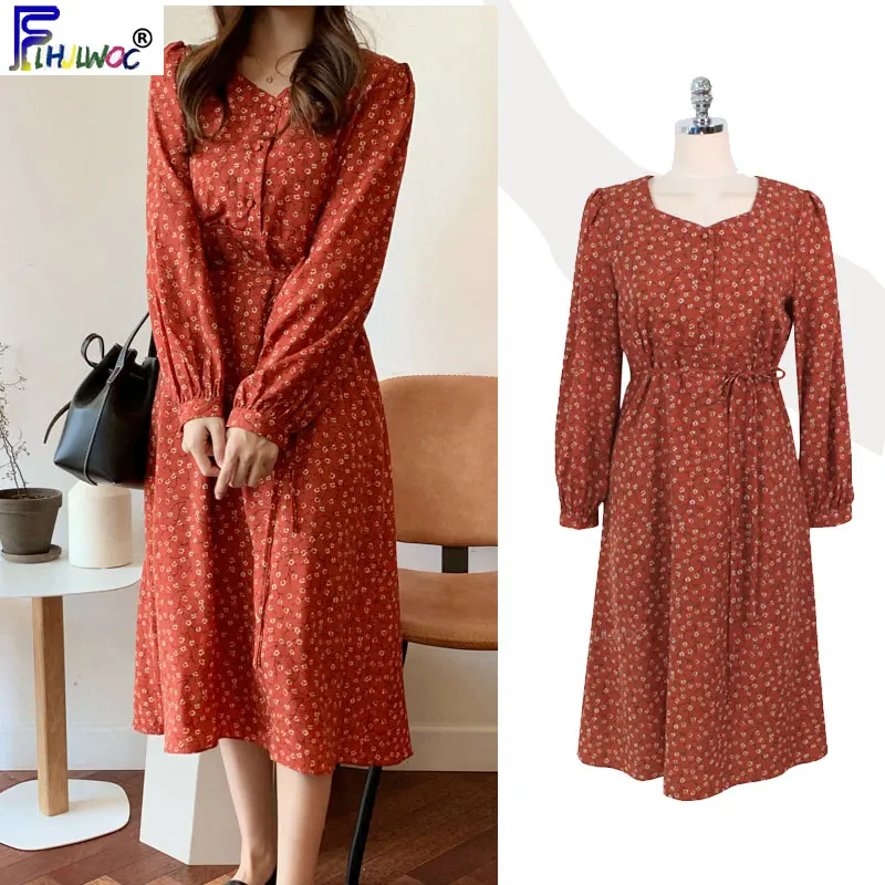 

Зимние и весенние Базовые платья, длинные женские новогодние платья, винтажное платье в Корейском стиле с длинным рукавом и цветочным принт...